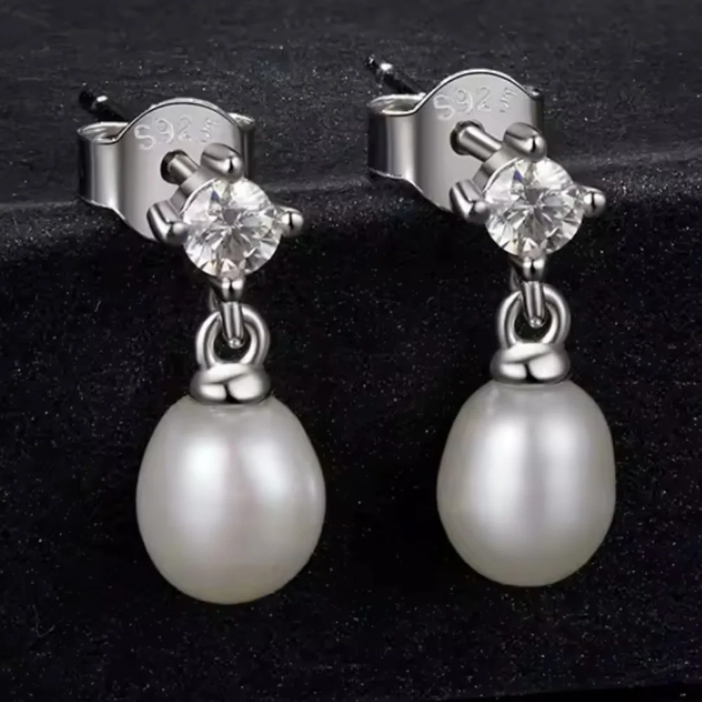 Moissanite Diamond Earrings with Freshwater Pearls Anniversary Birthday Gift - Picture 1 of 12